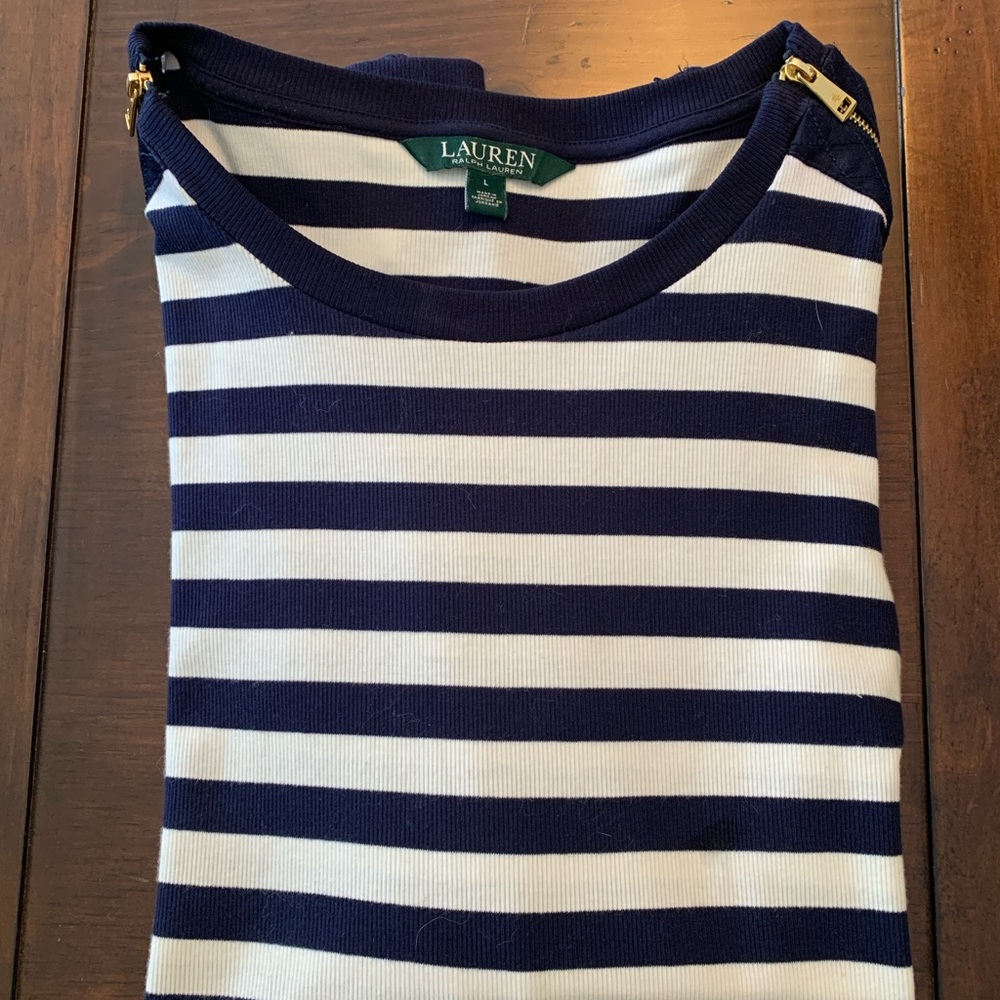 Ralph Lauren Navy and White Striped Shirt size large. Zipper shoulders